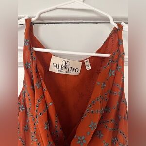 Valentino Vintage 90s 2000 Cowl Neck Eyelet Blouse Top Orange Blue